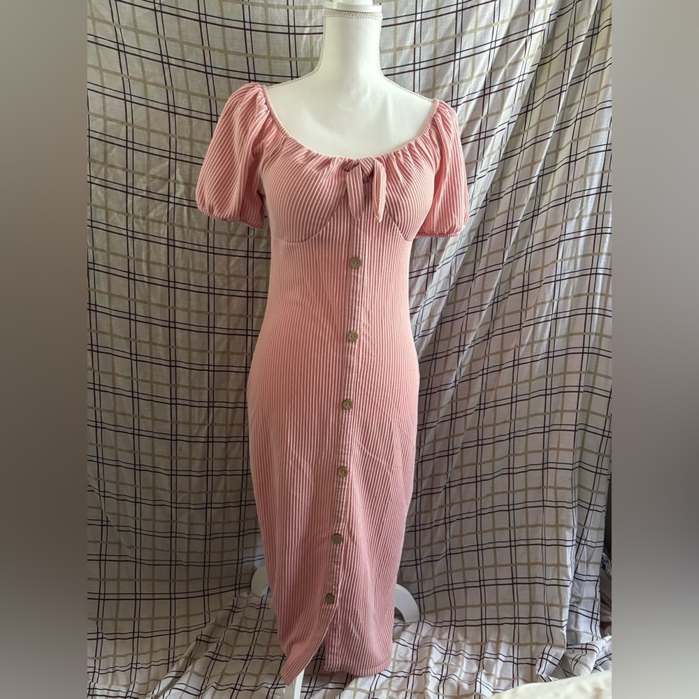 Women’s Pink Ribbed Button-Front long Dress
